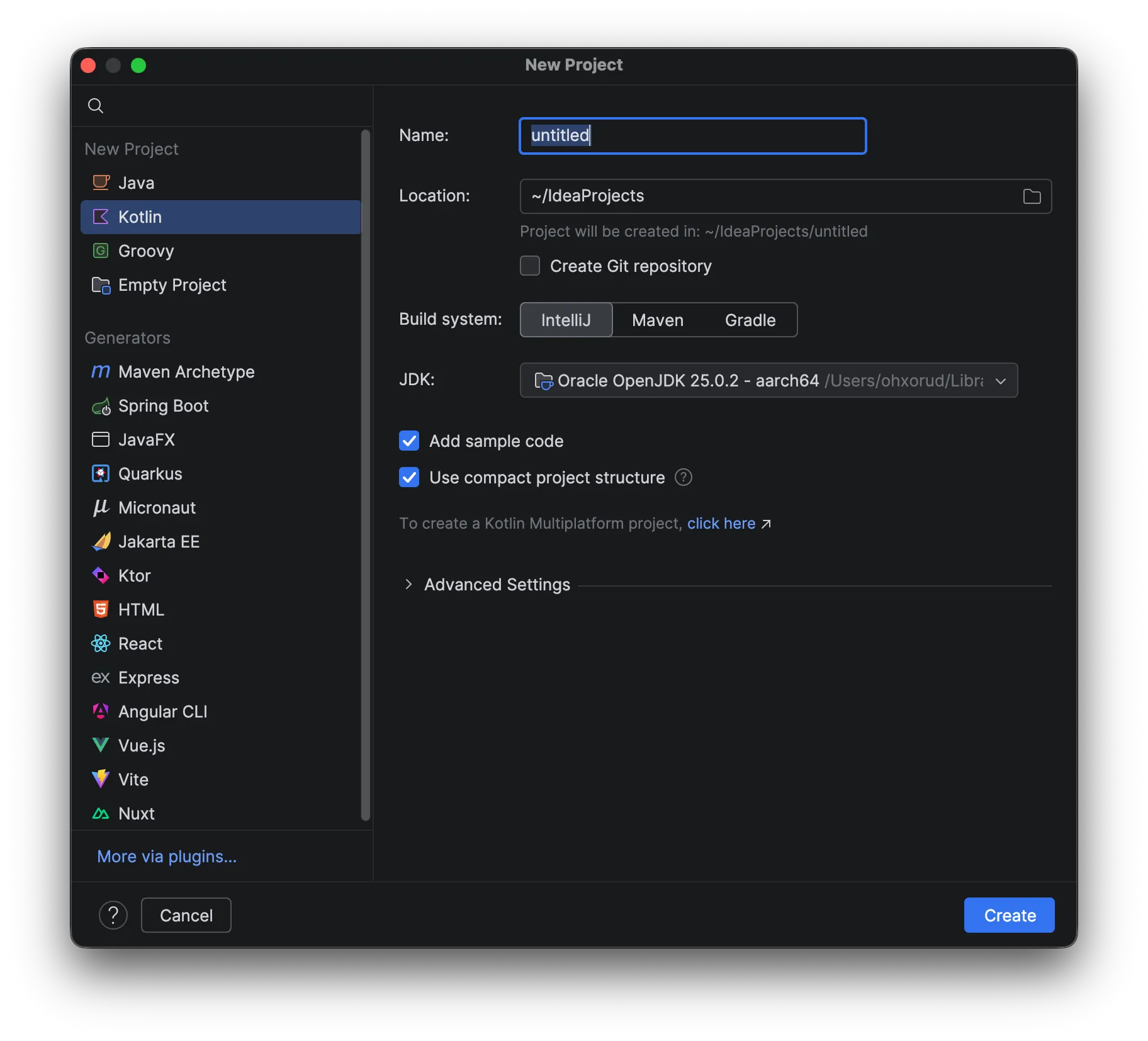Intellij 새 프로젝트 모달